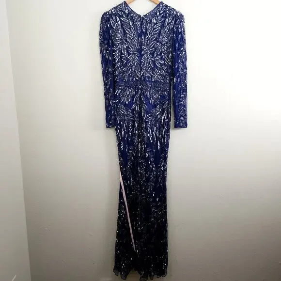 NWT Mac Duggal Illusion Beaded Embellished Long Sleeve Gown 8 Midnight Formal